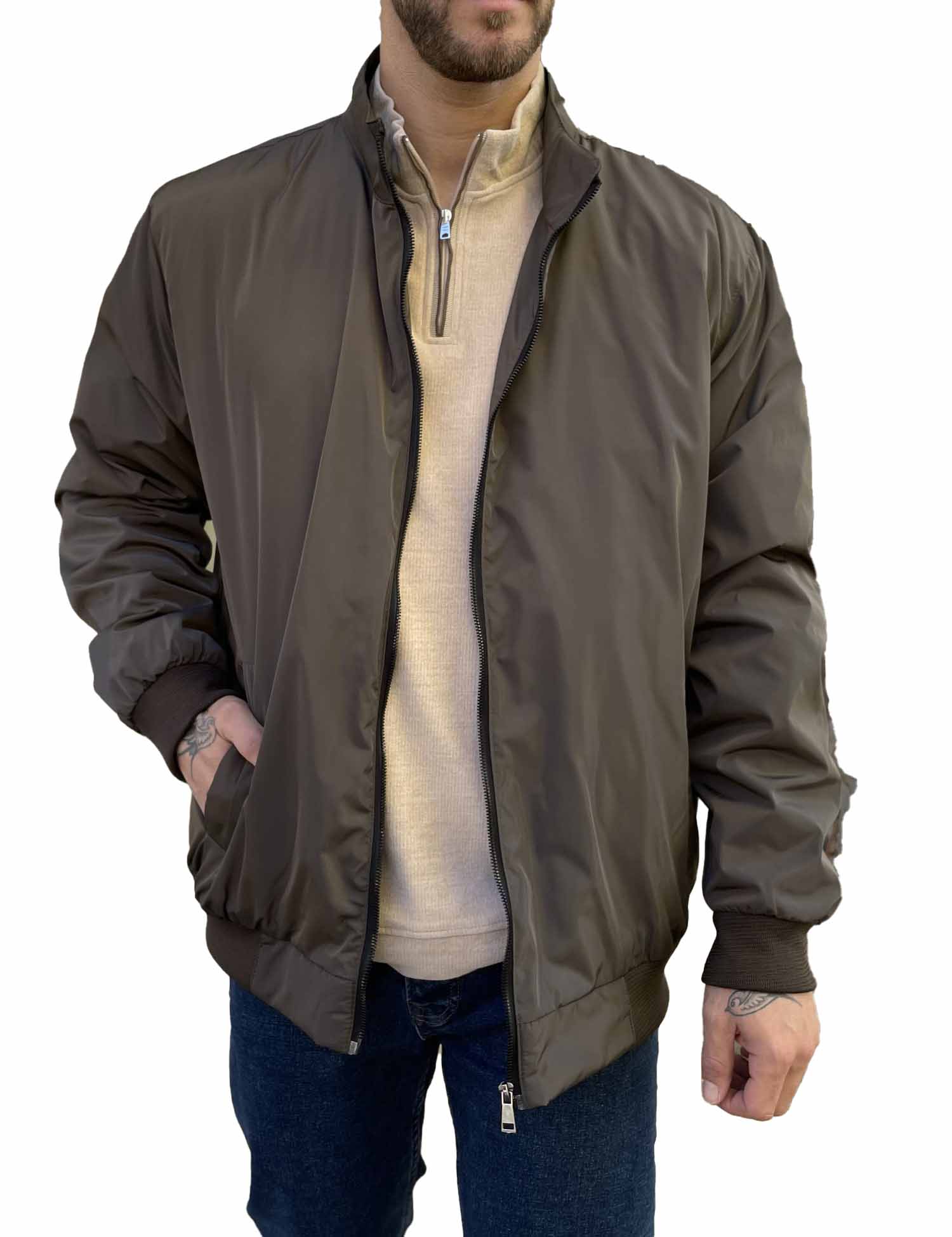 Ανδρικό χακί μπουφάν με γιακά και λάστιχο Plus Size EP492 φωτογραφία